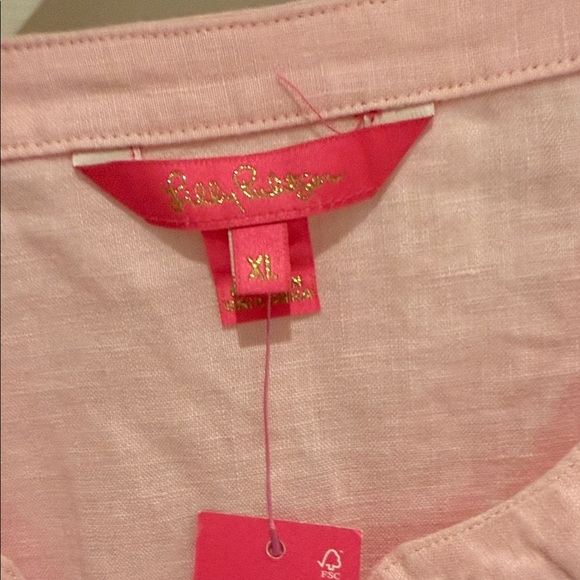 🌴 Lilly Pulitzer Bekah 3/4 Sleeve Linen Top Tunic Pink Ruffle Hem XL Long Roomy - Picture 7 of 14